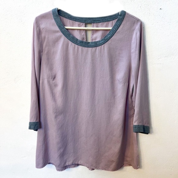 SOFT SURROUNDINGS Light Purple Silk Blouse 3/4 Sleeve Gray Trim Keyhole Medium - Picture 1 of 6